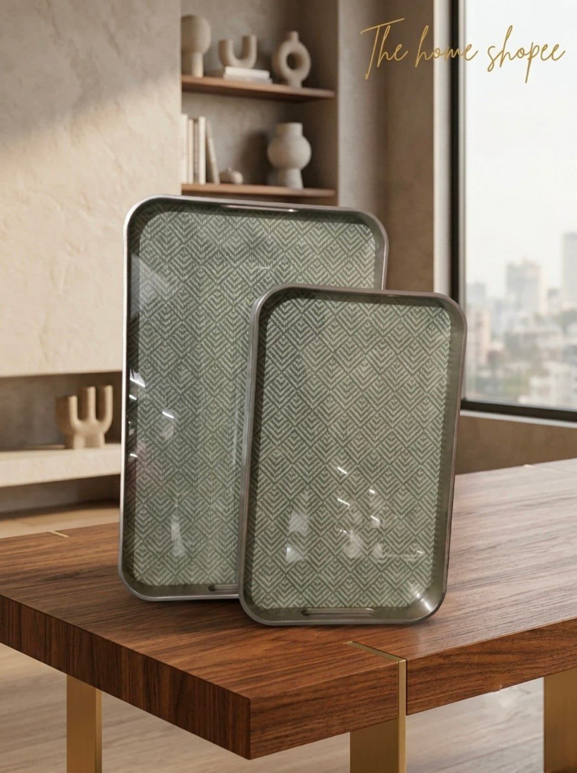 Serving Tray — Sage Chevron Set, 15 × 12 in